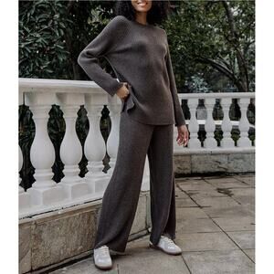 FULL SET NAP Loungewear Leisure Rib-Knit Set 100% Cashmere Charcoal Gray SZ S